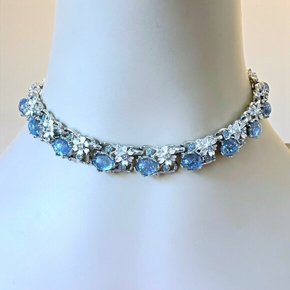 Vintage Jewelry - Vintage 1950s Choker Necklace Blue Rhinestone Confetti Lucite Floral Enamel READ